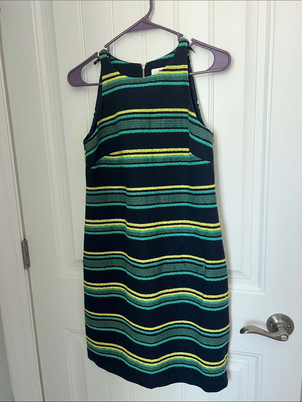 Striped Halter Shift Dress in Navy and Teal